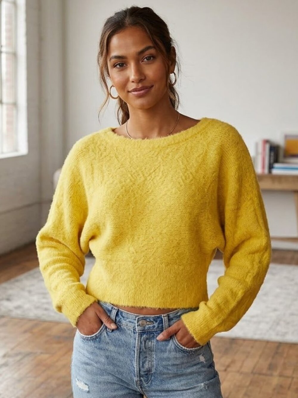 *3 FOR $9* Forever 21 Soft Fluffy Long Sleeve Cropped Length Mustard Sweater Top